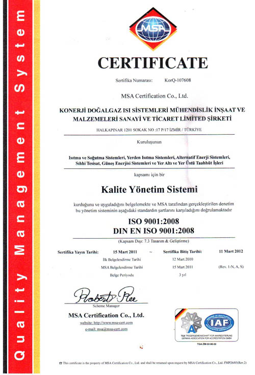 KONERJİ Müh.Ltd. kalite yönetim sistem belgesi